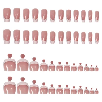 Светло розово с бял кант декор Нокти на краката Фалшиви нокти Лесен за нанасяне Лесен за отлепване на ноктите за нокти DIY декорация