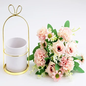 симулация цвете керамични ваза комплект метал цвете саксия притежателя изкуствени роза слънчоглед растения саксийни за дома офис десктоп декор