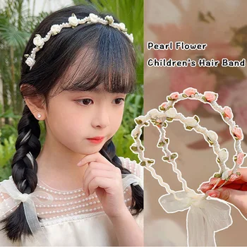 Имитирана перлена флорална сатенена лента за коса за момичета Сладка марля цвете венец главата обръч лента Детски аксесоари за коса